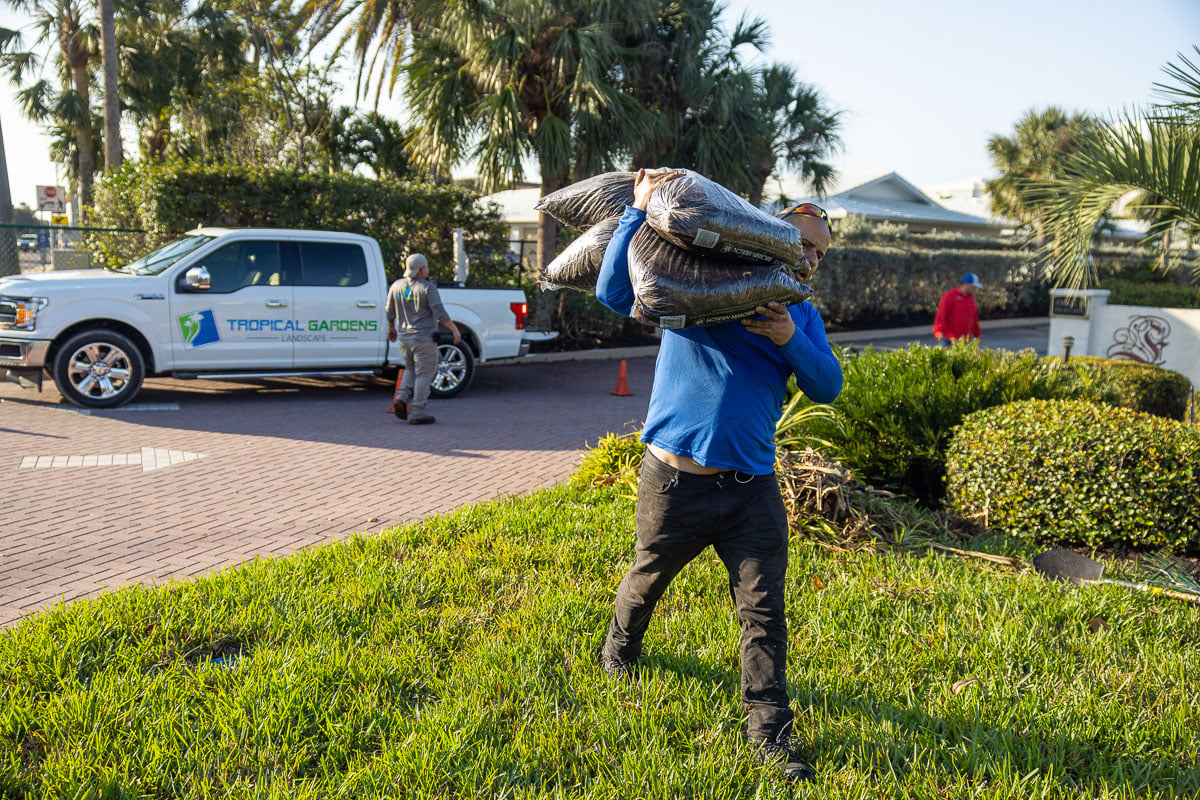 landscape crew carrying mulch 