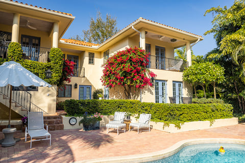 back of home with pool, patio and landscaping 