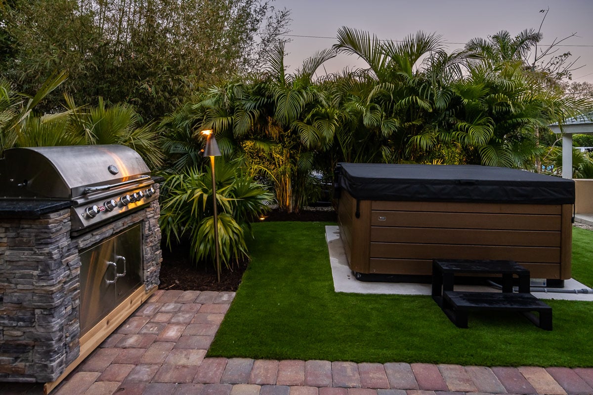 night landscape lights outdoor kitchen