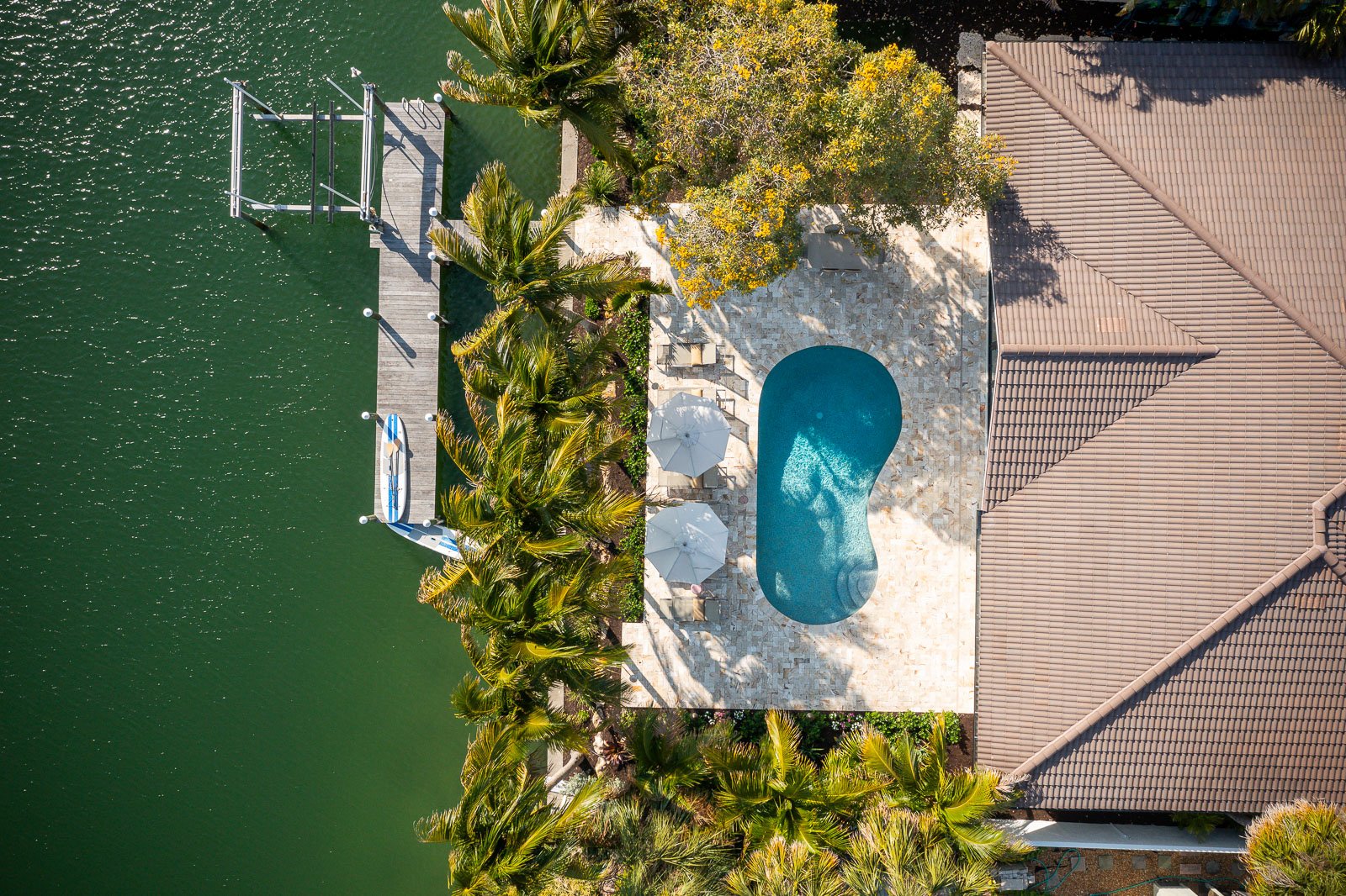 aerial view of backyard pool and tarvertine patio 1