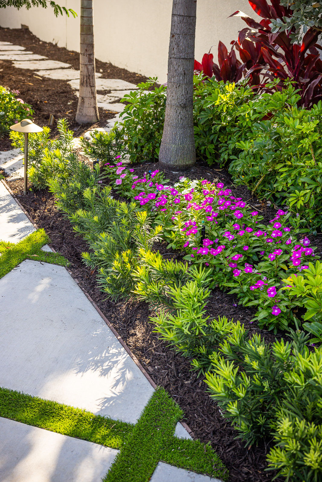 garden bed with mulch and plants along driveway 