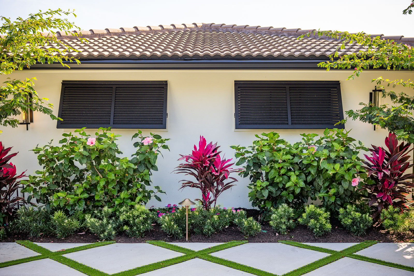 garden bed with mulch and plants along foundation