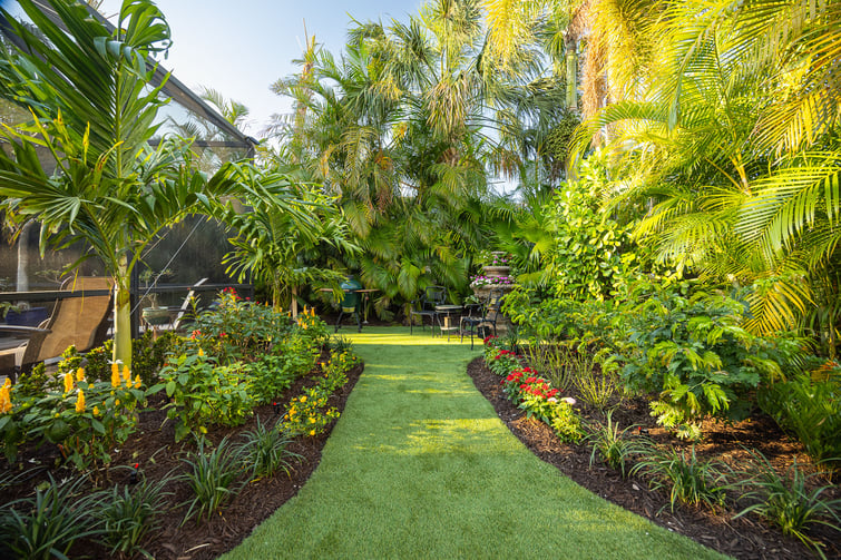backyard landscape beds outdoor seating artificial turf 1