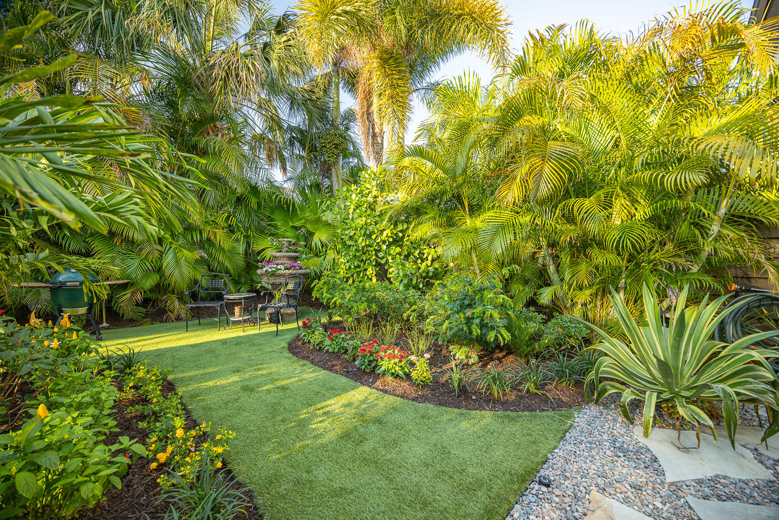 backyard landscape beds outdoor seating artificial turf
