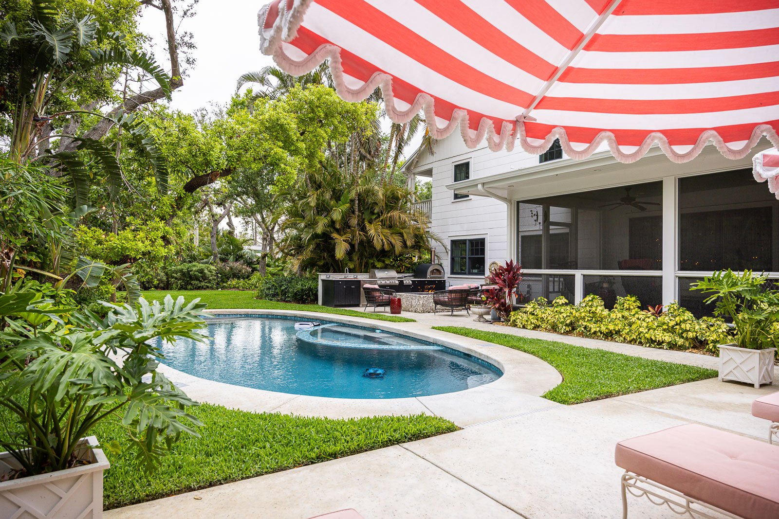backyard landscape beds patio outdoor seating pool outdoor kitchen