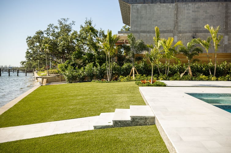 backyard patio pool landscape beds artificial turf 1