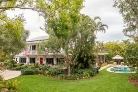 front yard landscape beds pool outdoor seating patio