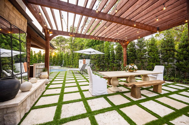 backyard dining pergola bistro lighting patio pool