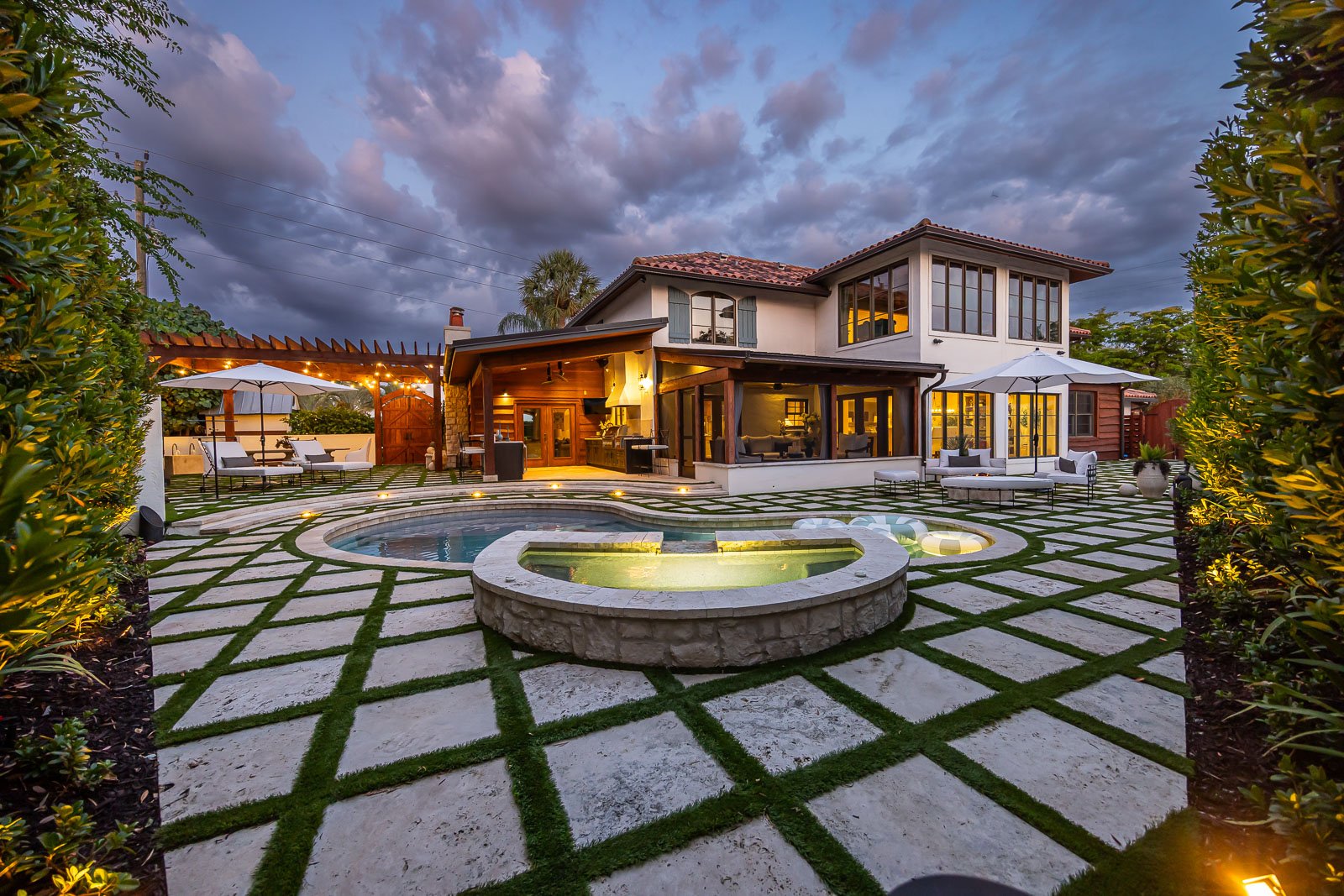 backyard outdoor lighting patio pool kicthen outdoor seating and dining