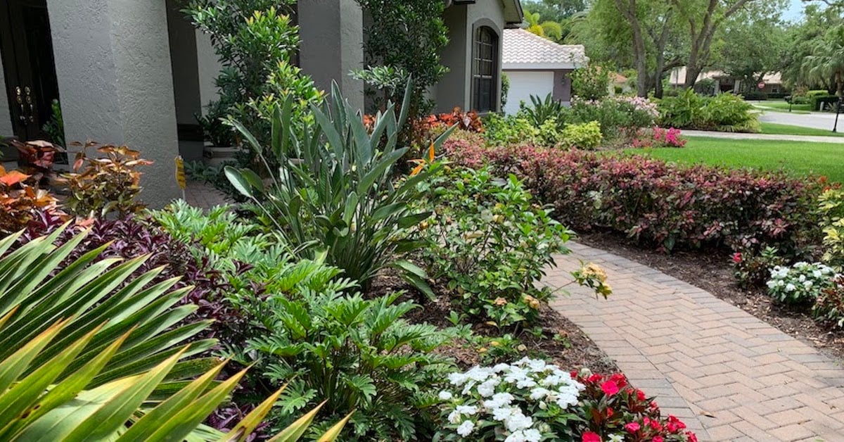 tropical landscape beds with brick walkway-1