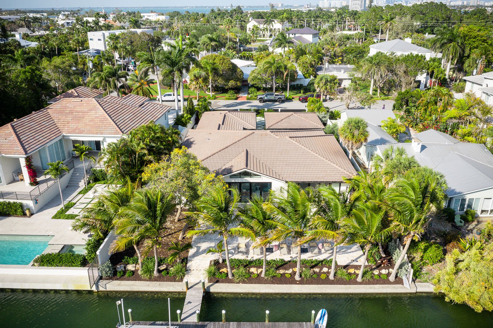 aerial view of backyard landscape design on water 