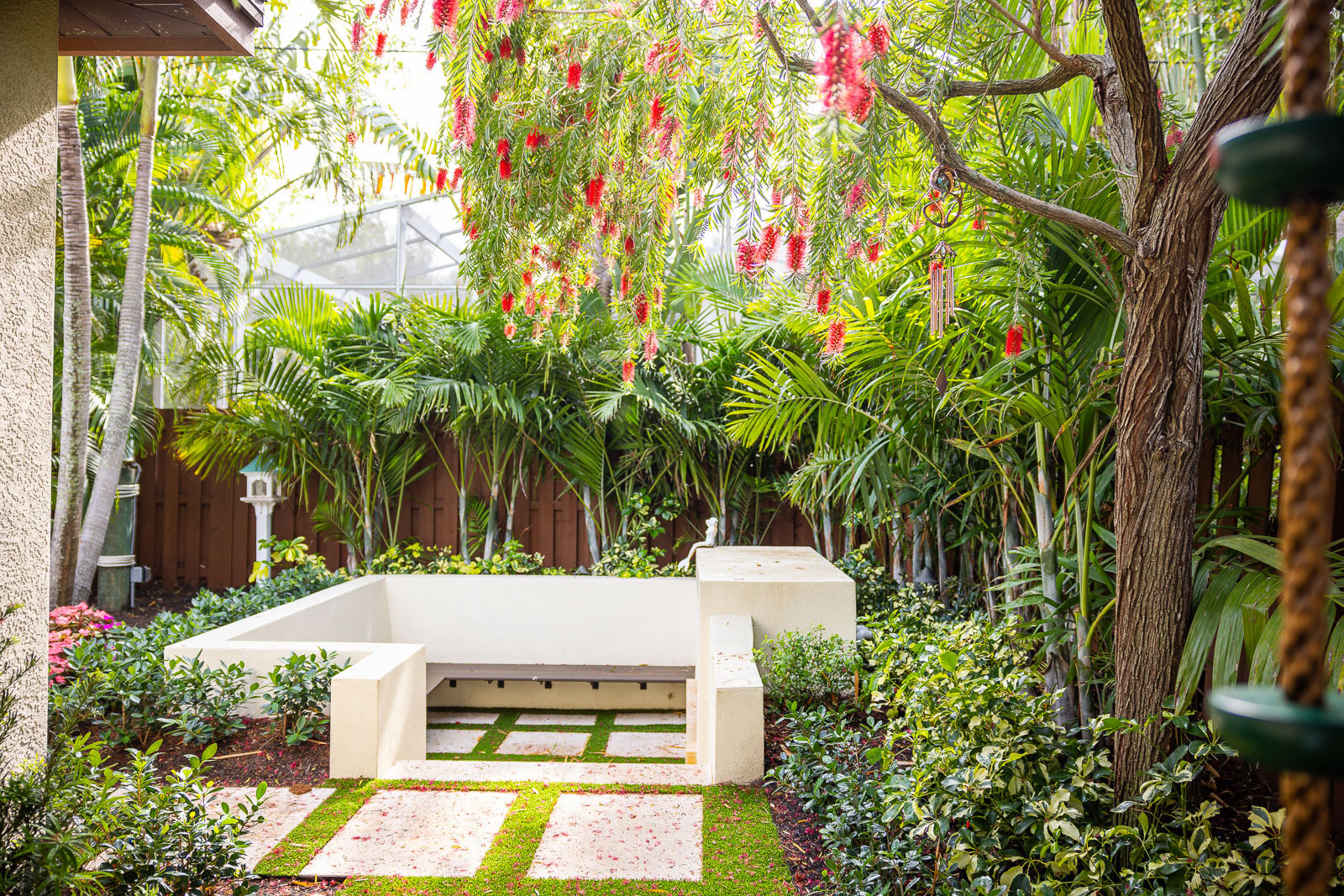 sunken garden with tropical plants 