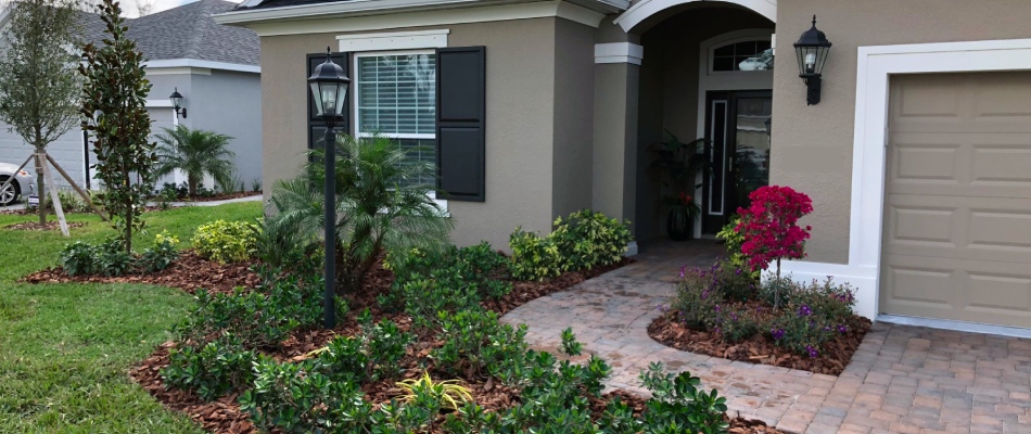 New landscape bed installed with mulch ground covering in Sarasota, FL.