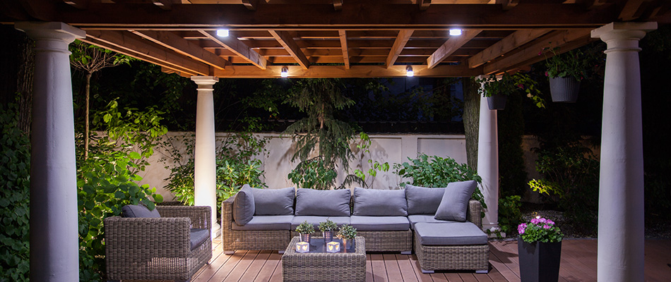 Outdoor seating area with installed LED lights for a customer's home in Lido Key, FL.