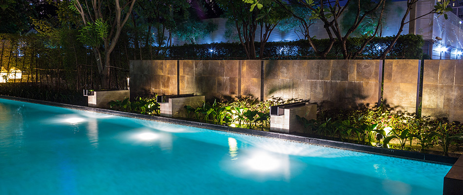 Silhouette lighting installed for landscape plantings by pool in Palmetto, FL.