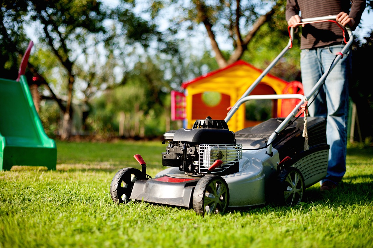 Lawn mower in yard